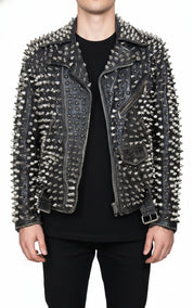 model-front-closed - Punk Men Silver Studded Custom Patches Long Spike Brando Belted Jacket