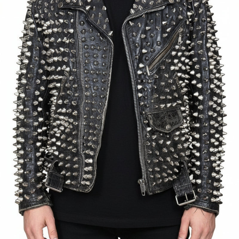 model-front-closed - Punk Men Silver Studded Custom Patches Long Spike Brando Belted Jacket