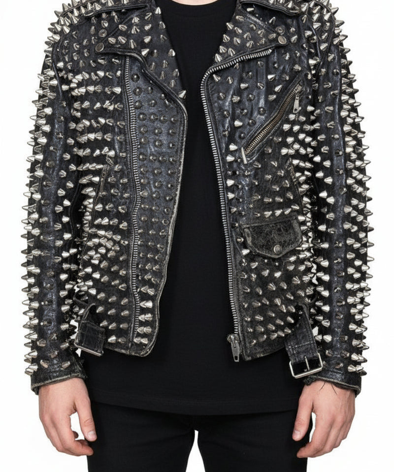 model-front-closed - Punk Men Silver Studded Custom Patches Long Spike Brando Belted Jacket