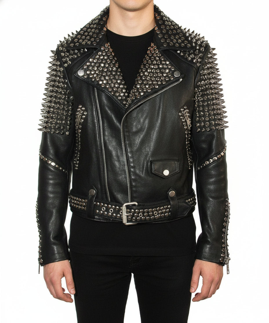 model-front-closed - Punk Men Silver Studded Leather Black Rock Studded Leather Jackets