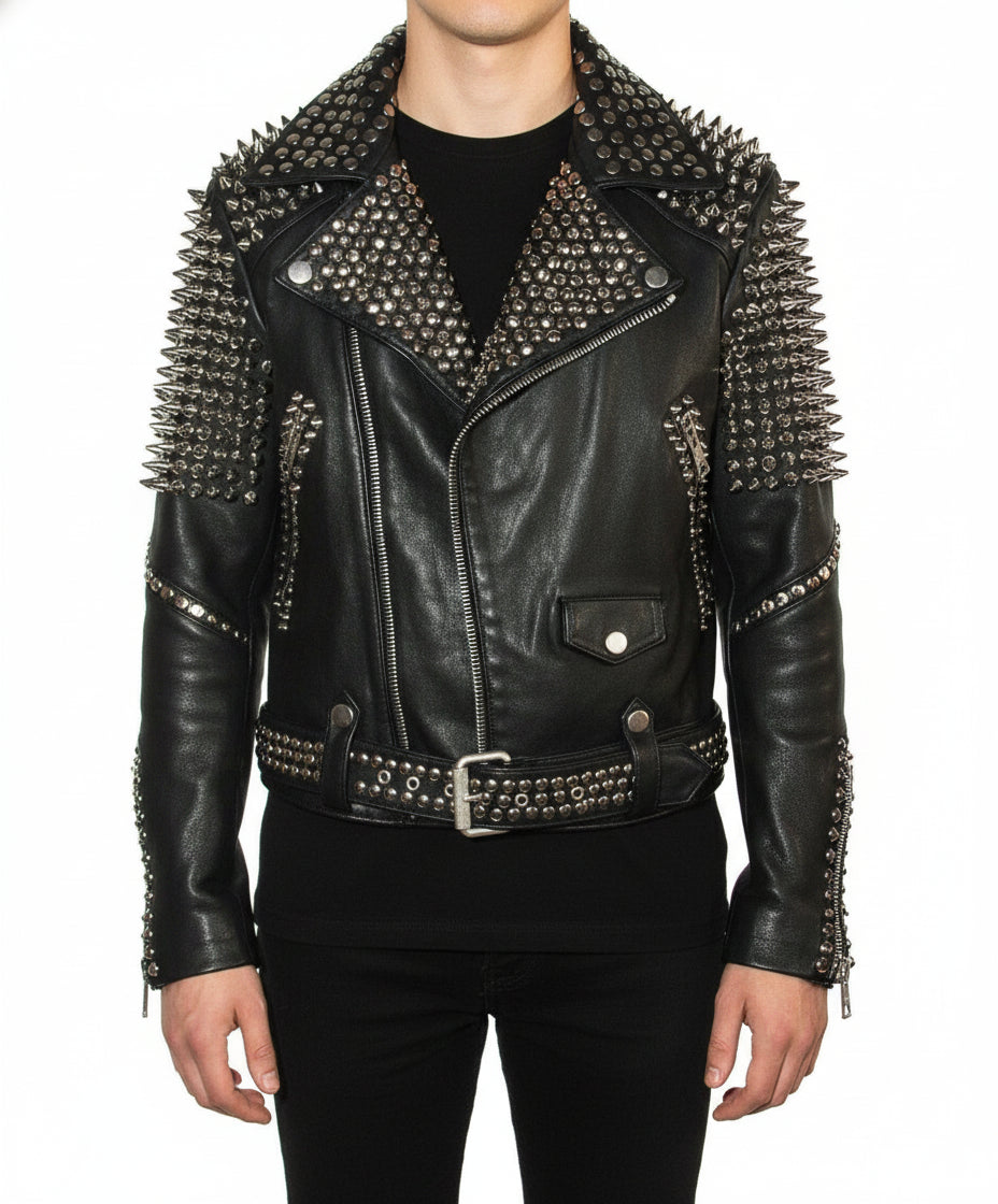 model-front-closed - Punk Men Silver Studded Leather Black Rock Studded Leather Jackets