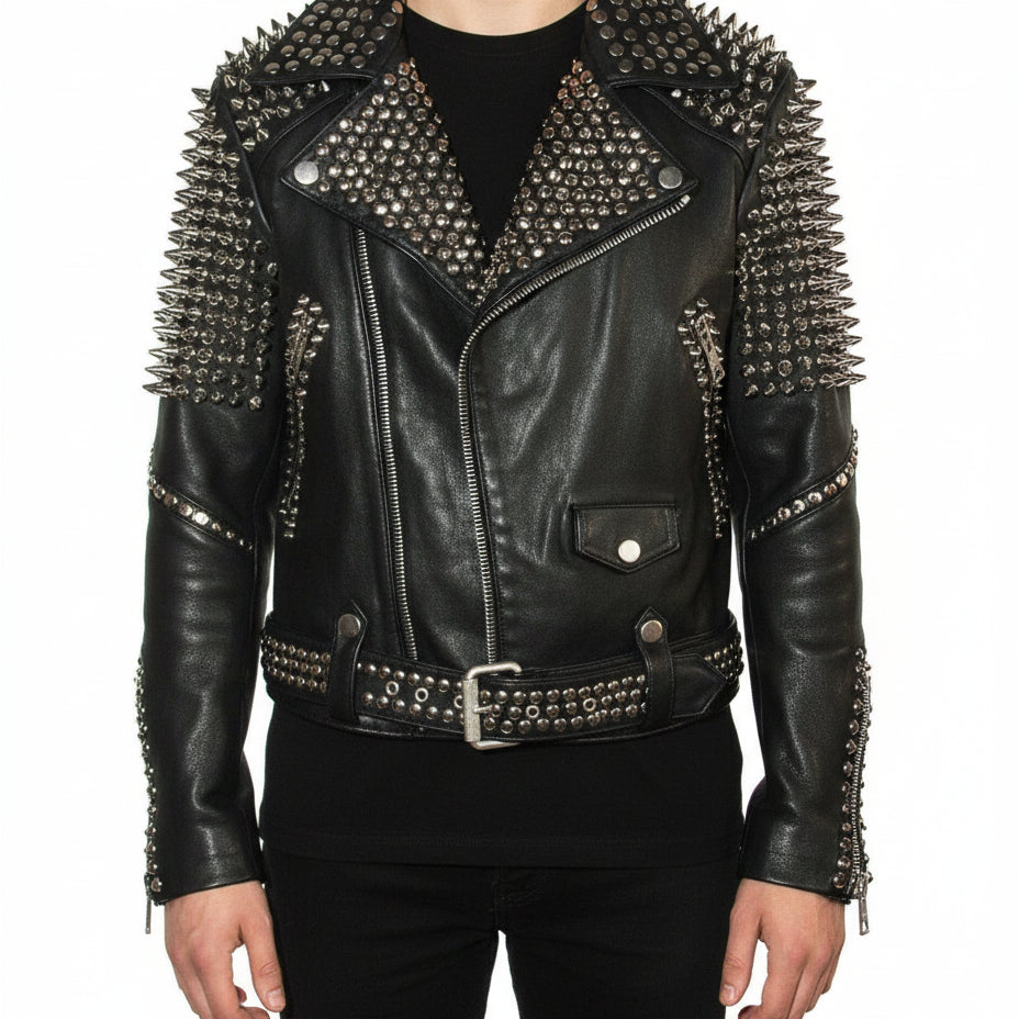 model-front-closed - Punk Men Silver Studded Leather Black Rock Studded Leather Jackets