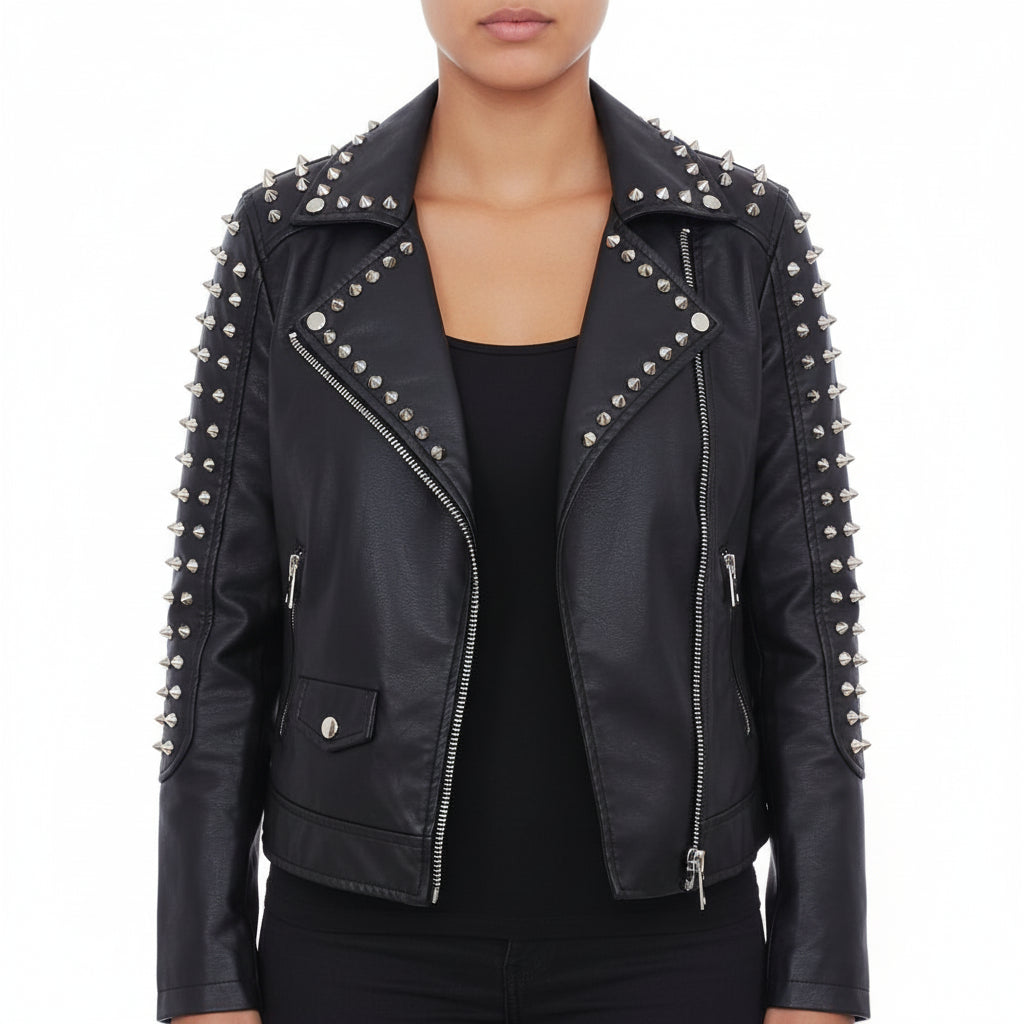 Handmade Punk New Women Style Short Studded Leather Jacket