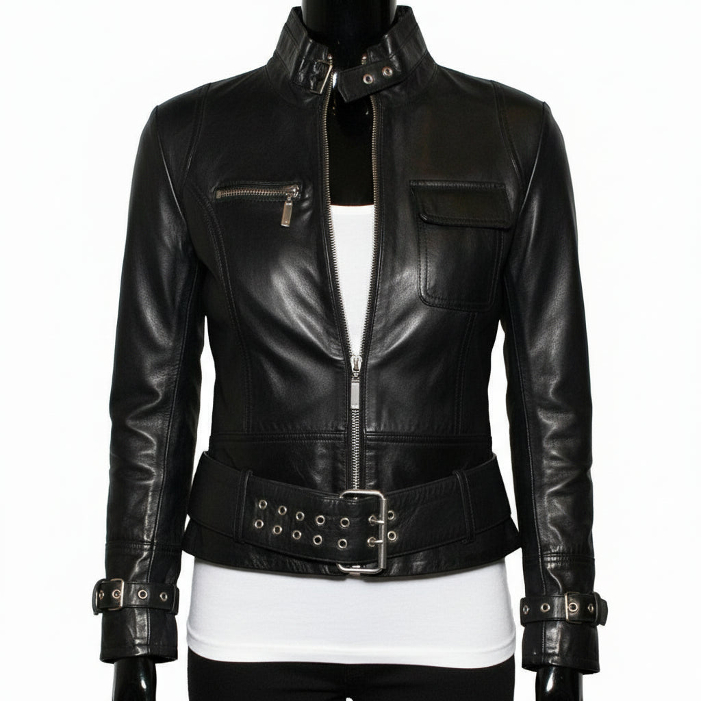 model-front-closed - Punk Women Black Leather Belted Jacket, Women Style Leather Jacket