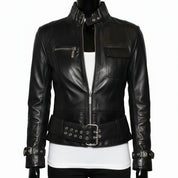model-front-closed - Punk Women Black Leather Belted Jacket, Women Style Leather Jacket