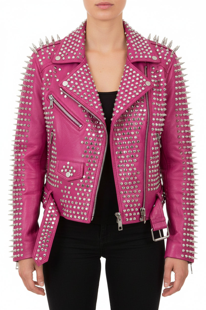 model-front-closed - Punk women Full Long Spiked Studded Brando Pink Leather Jacket