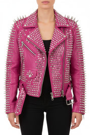 model-front-closed - Punk women Full Long Spiked Studded Brando Pink Leather Jacket