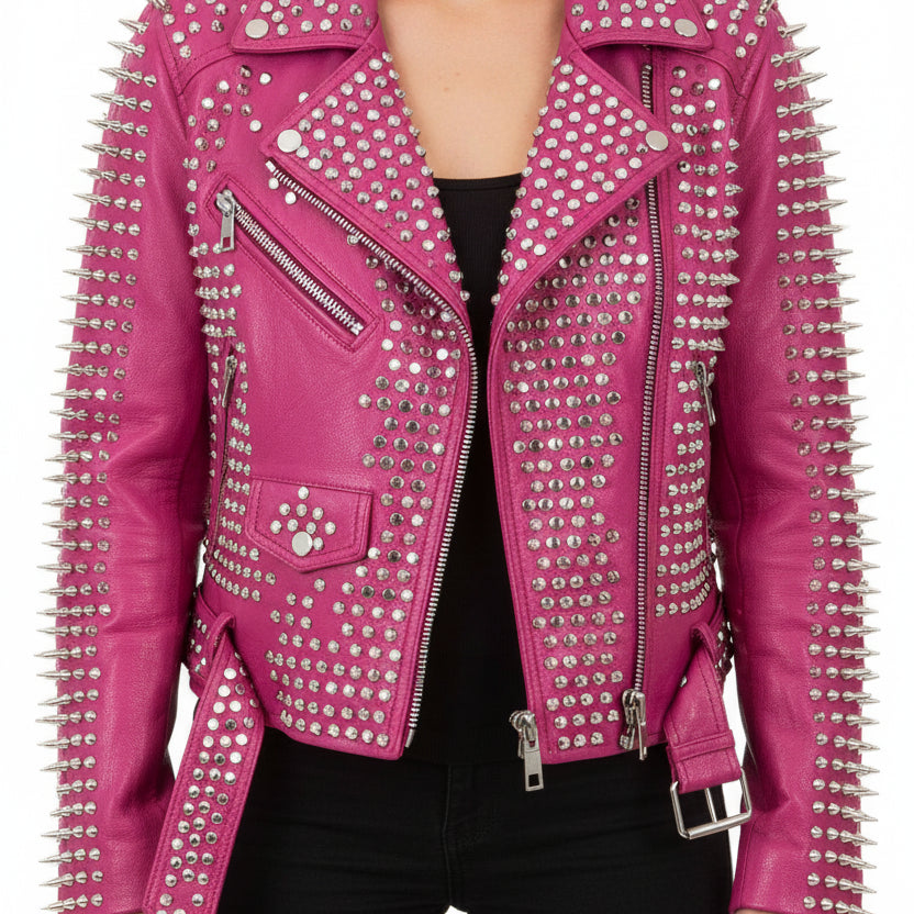 model-front-closed - Punk women Full Long Spiked Studded Brando Pink Leather Jacket
