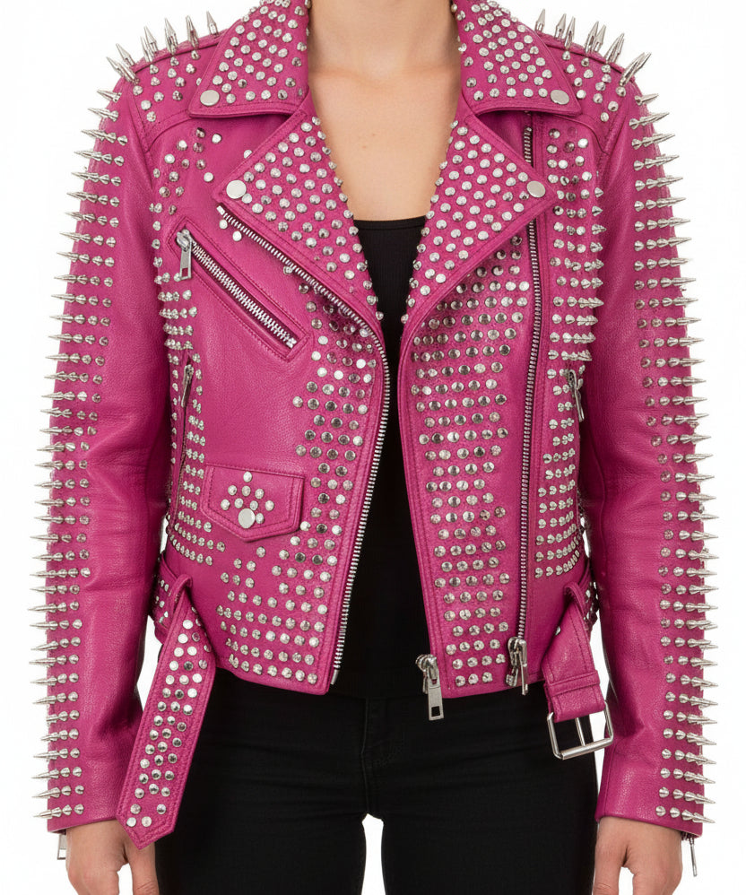 model-front-closed - Punk women Full Long Spiked Studded Brando Pink Leather Jacket