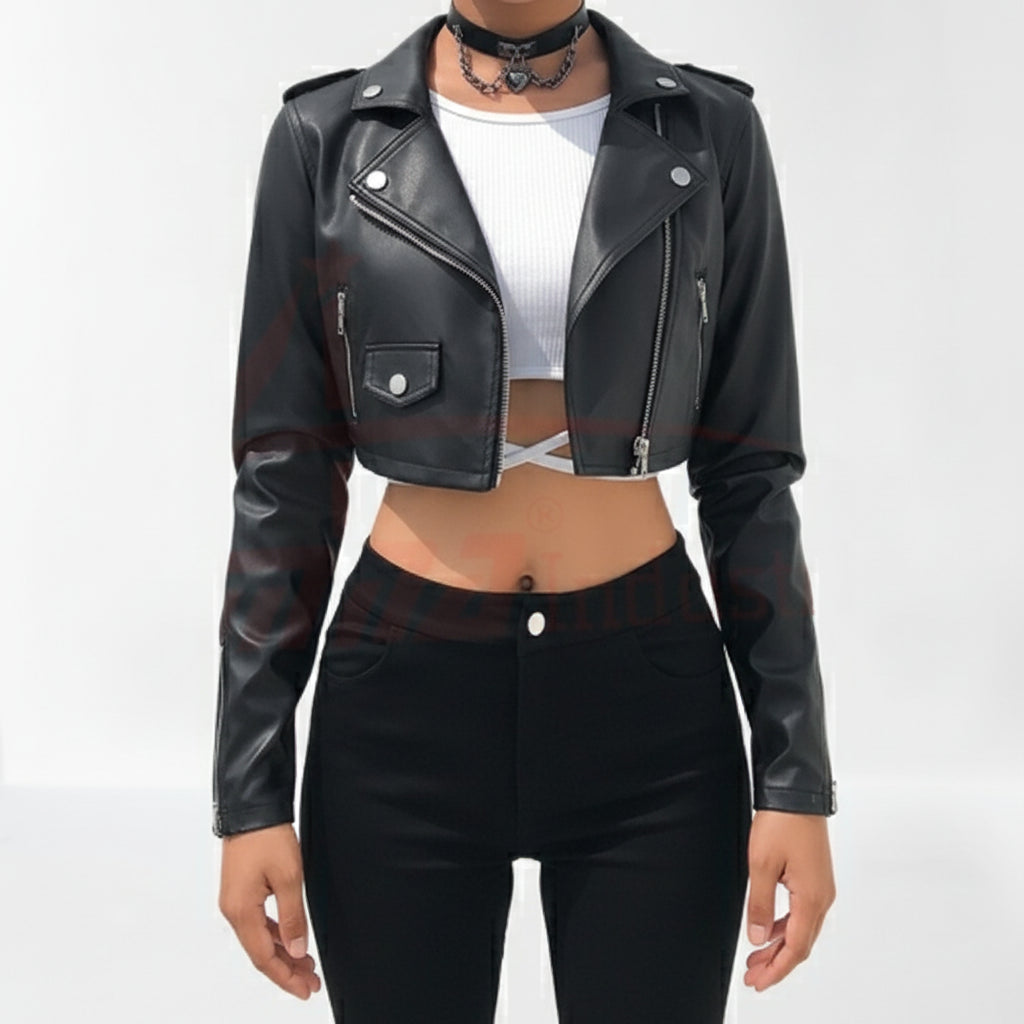 model-front-closed - Women Black Leather Cropped Biker Jacket, Chic fashion cropped jacket