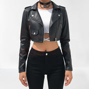 model-front-closed - Women Black Leather Cropped Biker Jacket, Chic fashion cropped jacket