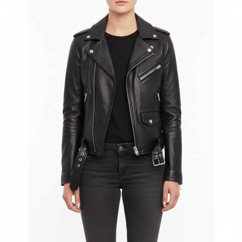 たろー　レディース　BLK M Handmade Women Black Leather Moto Jacket, Black Leather Belted