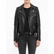 model-front-closed - Women Black Leather moto Jacket, Womens Fashion black leather belted Jacket
