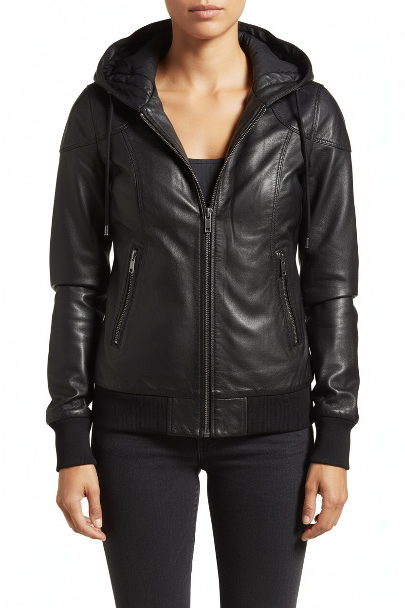model-front-closed - Women Black Removable Hooded Black Leather Jacket, Biker Style Jacket