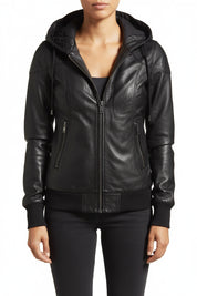 model-front-closed - Women Black Removable Hooded Black Leather Jacket, Biker Style Jacket