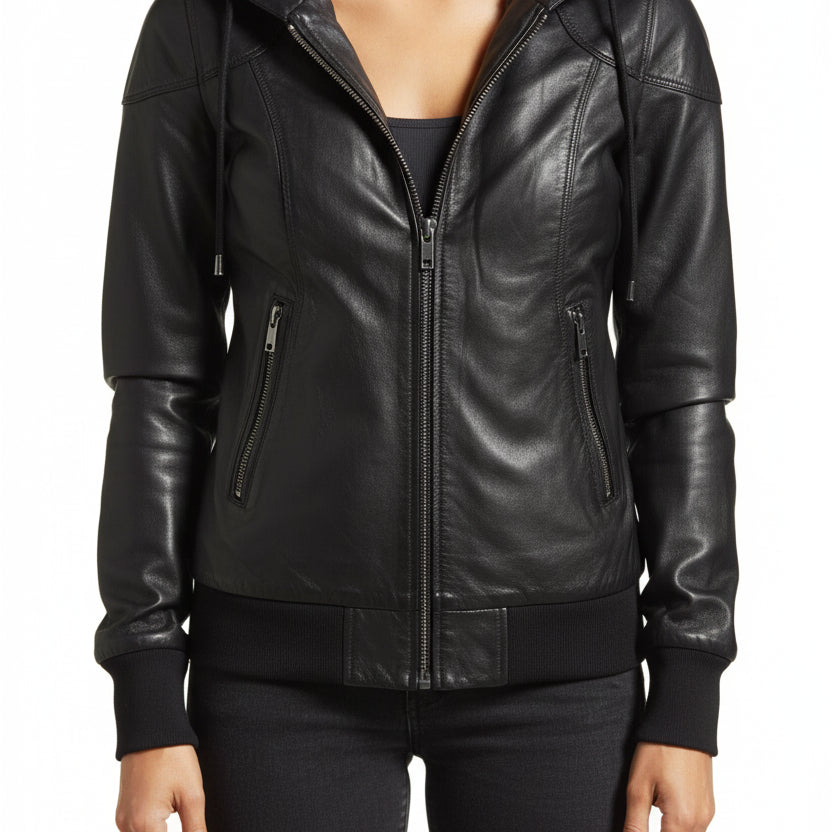 model-front-closed - Women Black Removable Hooded Black Leather Jacket, Biker Style Jacket