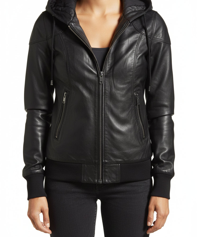 model-front-closed - Women Black Removable Hooded Black Leather Jacket, Biker Style Jacket