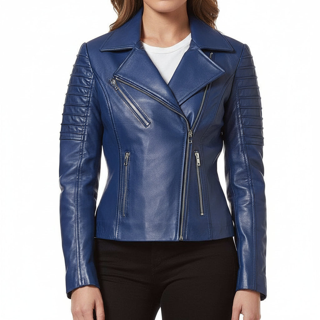 model-front-closed - Women blue biker leather jacket, Women leather jacket, Motorcycle jacket