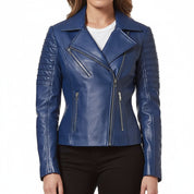 model-front-closed - Women blue biker leather jacket, Women leather jacket, Motorcycle jacket