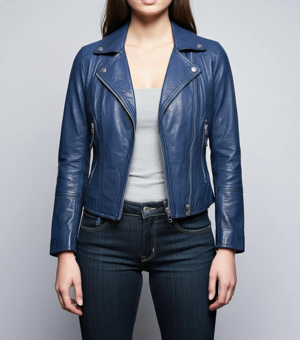 model-front-closed - Women Blue Leather Slimfit Biker Fashion Jacket, Party Jacket for Women