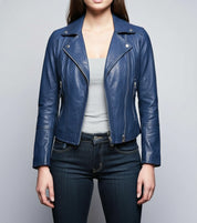 model-front-closed - Women Blue Leather Slimfit Biker Fashion Jacket, Party Jacket for Women