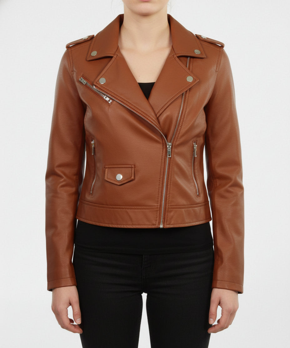 model-front-closed - Women brown leather cropped biker jacket, Cropped Belted Fashion Jacket