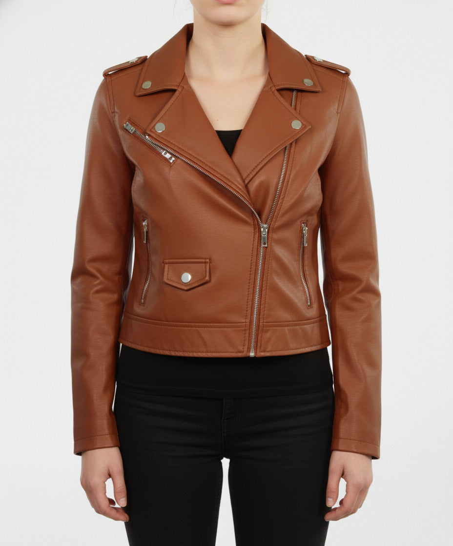 model-front-closed - Women brown leather cropped biker jacket, Cropped Belted Fashion Jacket