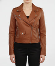model-front-closed - Women brown leather cropped biker jacket, Cropped Belted Fashion Jacket