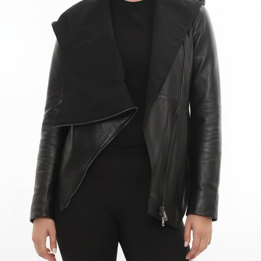 model-front-closed - Women's Asymmetrical Zip Leather Jacket, Women's Leather Biker Jacket, Women's Moto Jacket, Leather Motorcycle Jacket