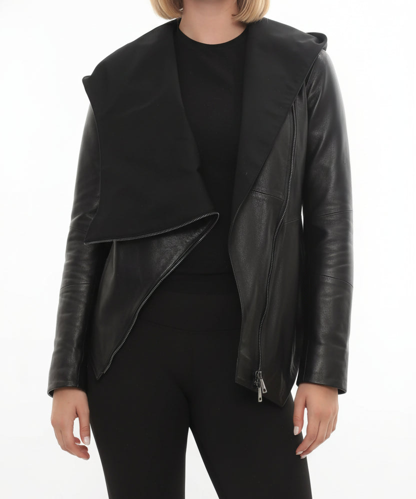 model-front-closed - Women's Asymmetrical Zip Leather Jacket, Women's Leather Biker Jacket, Women's Moto Jacket, Leather Motorcycle Jacket