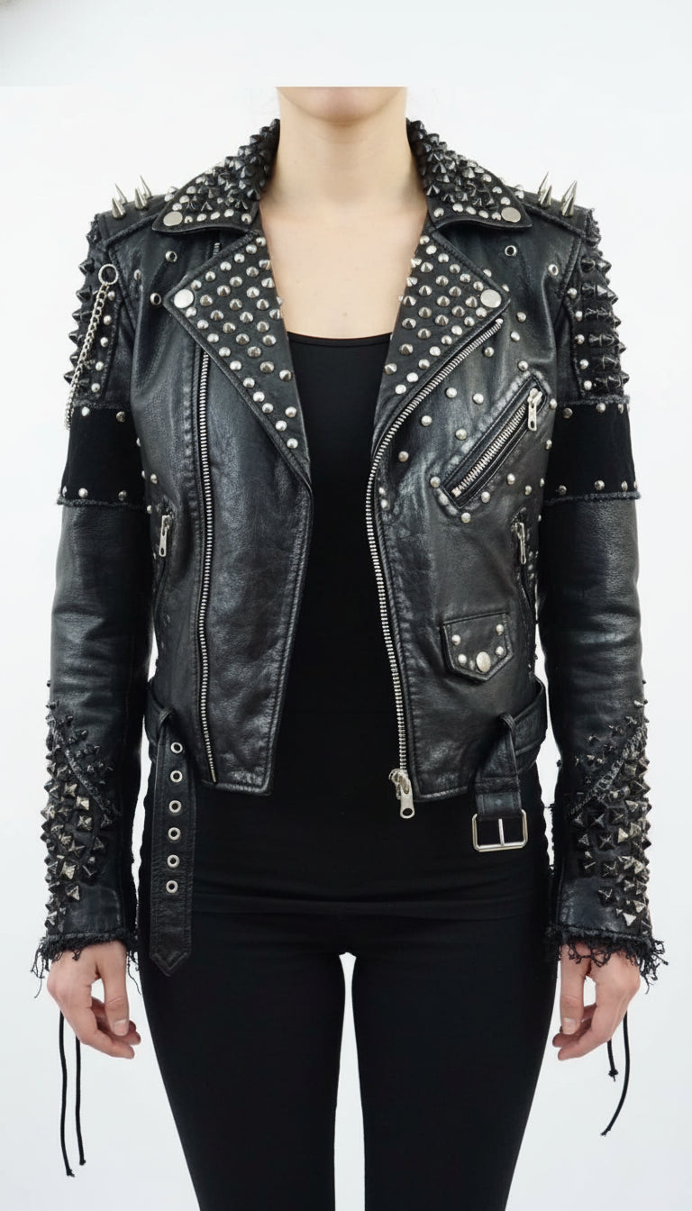 model-front-closed - Women's Biker Leather Jacket, Custom Moto Jacket, Handmade Leather Jacket, Punk Style Biker Jacket