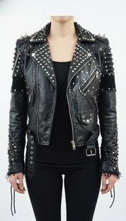 model-front-closed - Women's Biker Leather Jacket, Custom Moto Jacket, Handmade Leather Jacket, Punk Style Biker Jacket