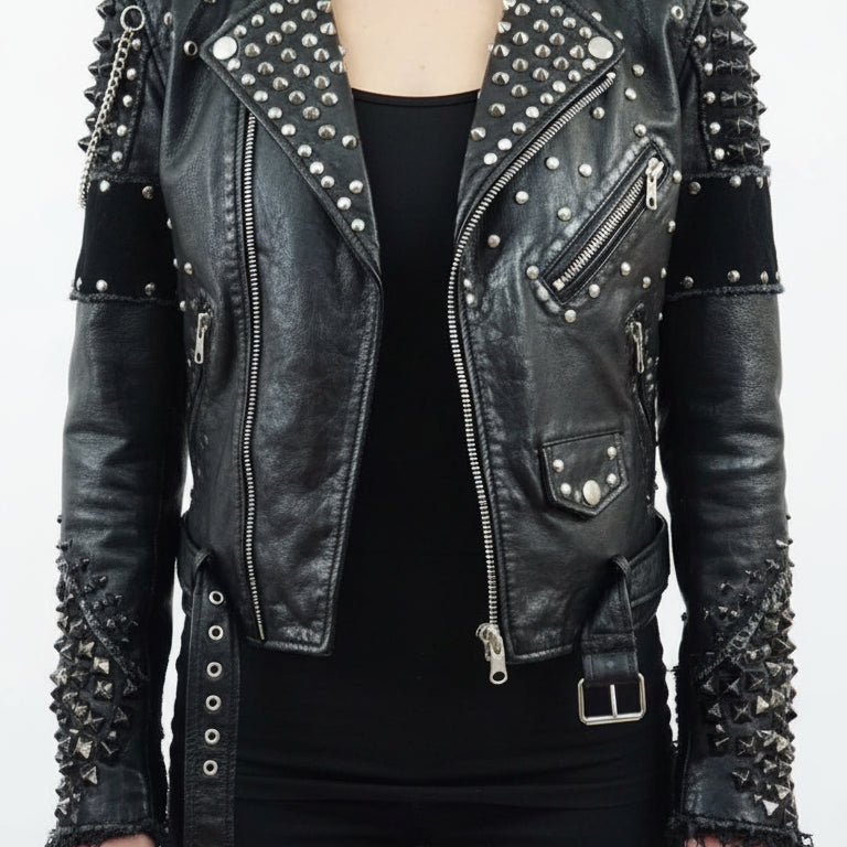 model-front-closed - Women's Biker Leather Jacket, Custom Moto Jacket, Handmade Leather Jacket, Punk Style Biker Jacket