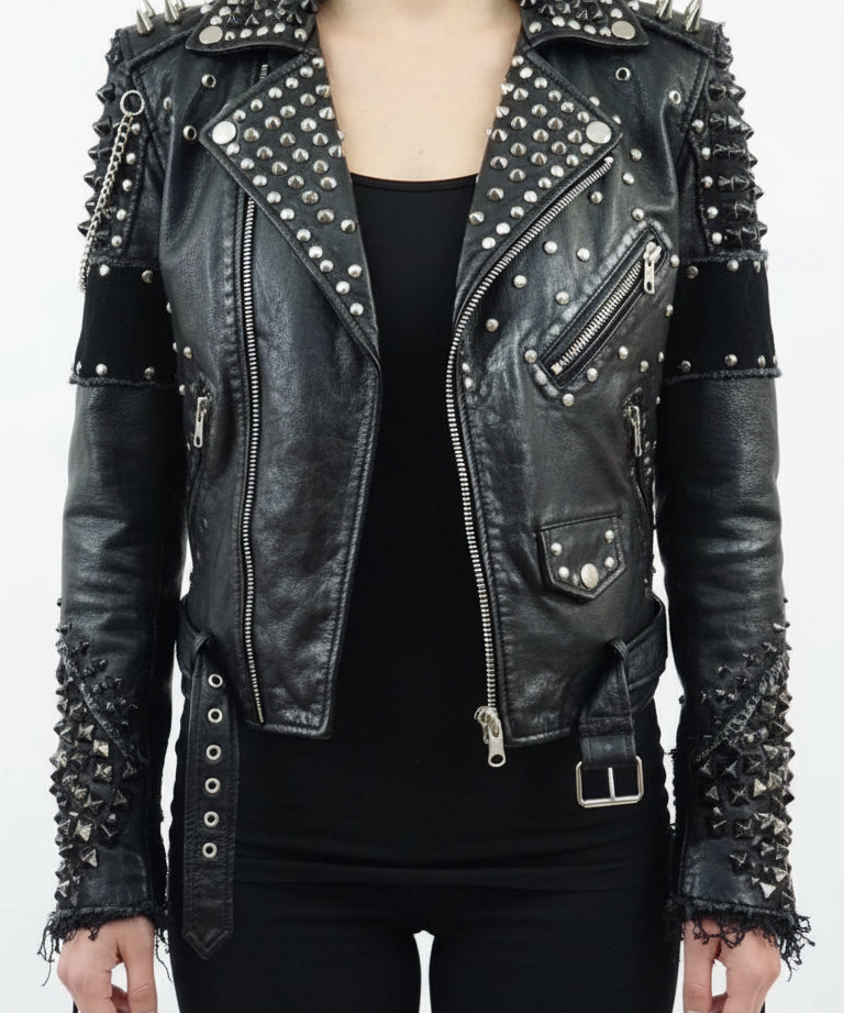 model-front-closed - Women's Biker Leather Jacket, Custom Moto Jacket, Handmade Leather Jacket, Punk Style Biker Jacket