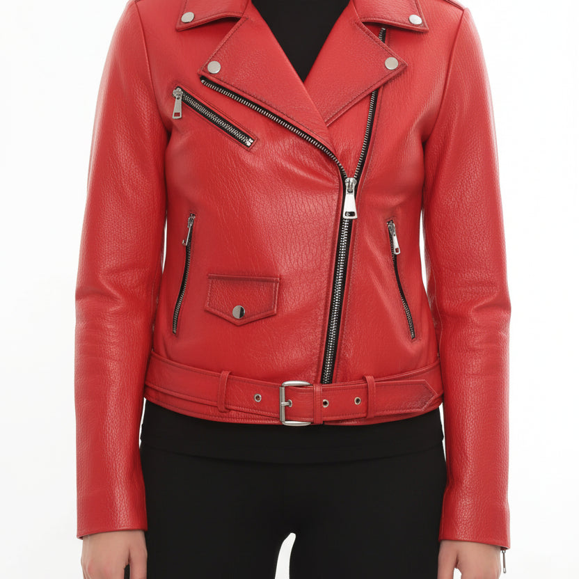 model-front-closed - Women's Biker Leather Jacket, Moto Jacket for Women, Handmade Leather Jacket, Distressed Red Biker Jacket