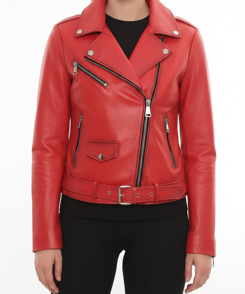 model-front-closed - Women's Biker Leather Jacket, Moto Jacket for Women, Handmade Leather Jacket, Distressed Red Biker Jacket