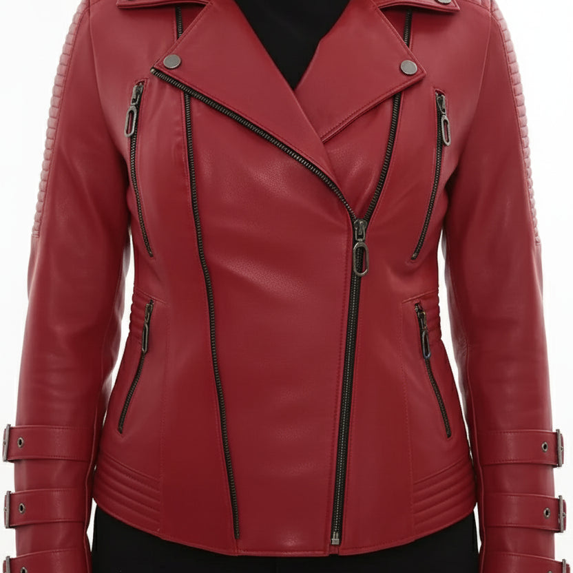 model-front-closed - Women's Biker Leather Jacket, Moto Jacket for Women, Handmade Leather Biker Jacket, Asymmetrical Zip Women's Jacket