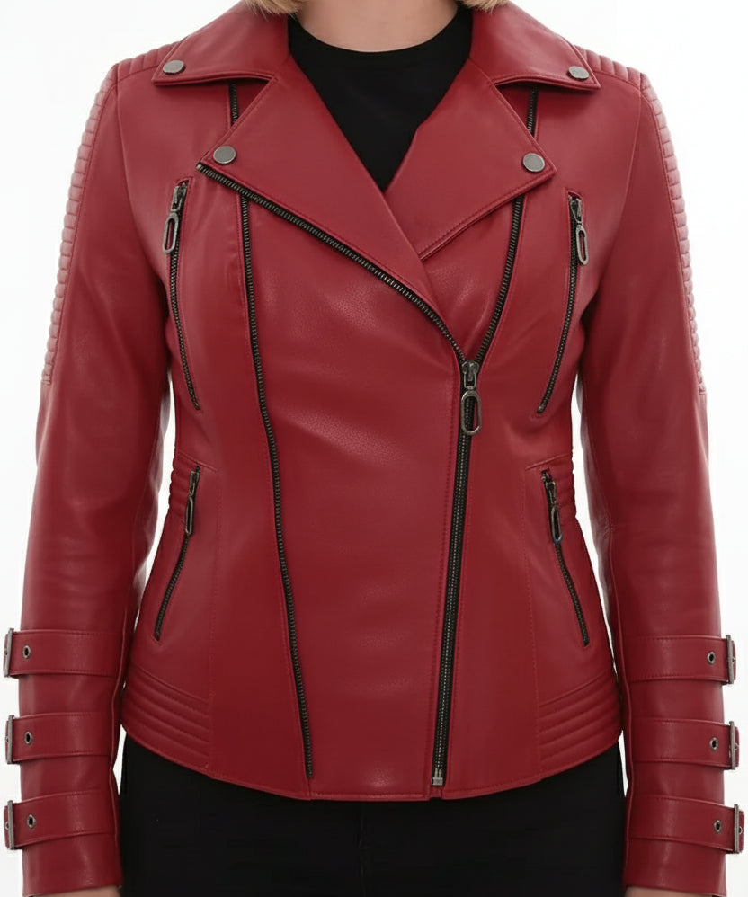 model-front-closed - Women's Biker Leather Jacket, Moto Jacket for Women, Handmade Leather Biker Jacket, Asymmetrical Zip Women's Jacket