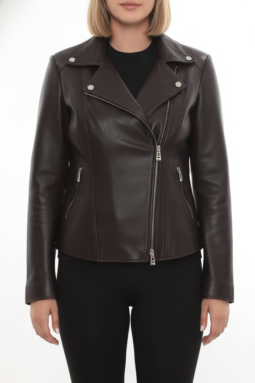 model-front-closed - Women's Biker Leather Jacket, Moto Jacket for Women, Handmade Leather Motorcycle Jacket