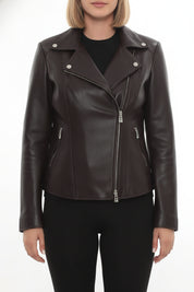 model-front-closed - Women's Biker Leather Jacket, Moto Jacket for Women, Handmade Leather Motorcycle Jacket