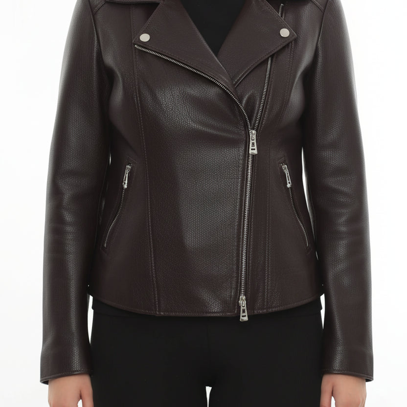 model-front-closed - Women's Biker Leather Jacket, Moto Jacket for Women, Handmade Leather Motorcycle Jacket