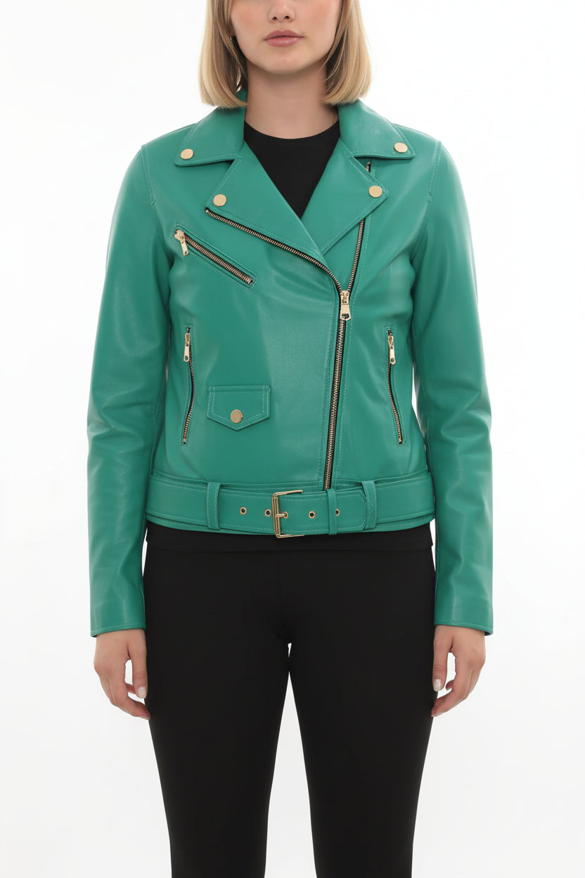 model-front-closed - Women's Biker Leather Jacket, Moto Jacket, Leather Motorcycle Jacket, Women's Moto Jacket