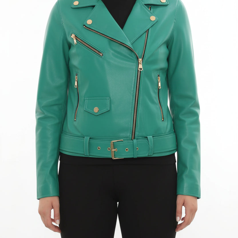 model-front-closed - Women's Biker Leather Jacket, Moto Jacket, Leather Motorcycle Jacket, Women's Moto Jacket