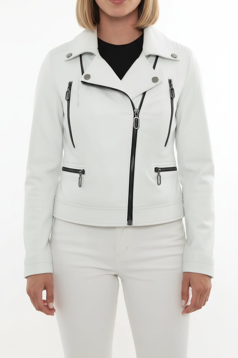 model-front-closed - Women's Biker Leather Jacket, Moto Style Jacket, Leather Motorcycle Jacket, Women's Moto Jacket