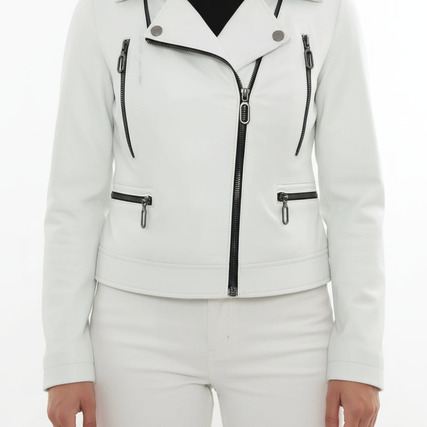 model-front-closed - Women's Biker Leather Jacket, Moto Style Jacket, Leather Motorcycle Jacket, Women's Moto Jacket