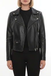 model-front-closed - Women's Biker Leather Jacket, Women's Moto Jacket, Leather Motorcycle Jacket, Women's Leather Moto Jacket