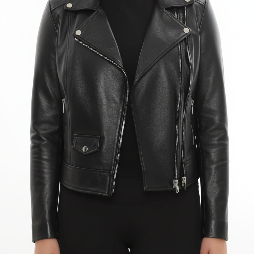 model-front-closed - Women's Biker Leather Jacket, Women's Moto Jacket, Leather Motorcycle Jacket, Women's Leather Moto Jacket