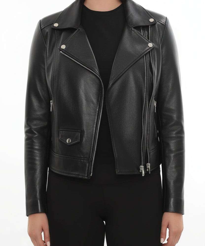 model-front-closed - Women's Biker Leather Jacket, Women's Moto Jacket, Leather Motorcycle Jacket, Women's Leather Moto Jacket