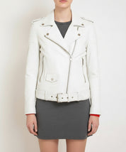 model-front-closed - Women's Biker Style White Lambskin Leather Jacket
