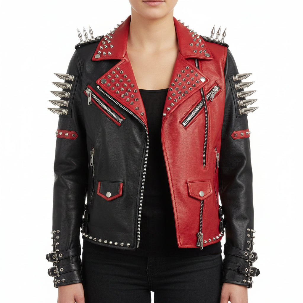 model-front-closed - Women's Black and red spikes Zipper Real Cowhide Motorbike Leather Jacket
